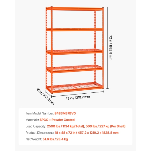 VEVOR 18"D x 48"W x 72"H Storage Shelves, 2500 lbs, 5 Tier Heavy Duty Garage Shelving, Adjustable Metal Shelves for Industrial Shelving Unit Utility