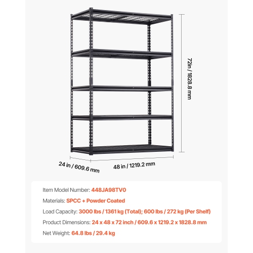 VEVOR 24"D x 48"W x 72"H Storage Shelves, 3000 lbs, 5 Tier Heavy Duty Garage Shelving, Adjustable Metal Shelves for Industrial Shelving Unit Utility
