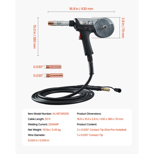 VEVOR 200Amp Spool Gun with 20FT Cable, Compatible with Hobart lronMan 240 Mig Welders, Suitable for 0.030" and 0.035" Flux Core/Solid/Aluminum