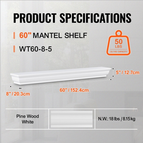 VEVOR 60" x 8" x 5" Fireplace Mantel, 50lbs Weight Capacity, Natural Wood Mantel for Over Fireplace, Wall Mounted Floating Farmhouse Shelf,
