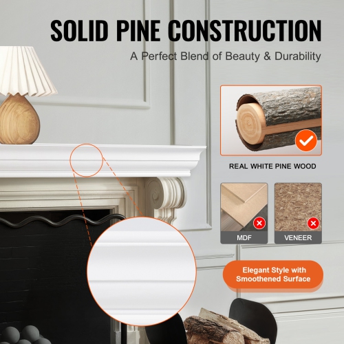 VEVOR 60" x 8" x 5" Fireplace Mantel, 50lbs Weight Capacity, Natural Wood Mantel for Over Fireplace, Wall Mounted Floating Farmhouse Shelf,