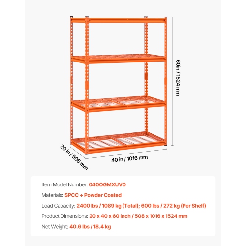 VEVOR 20"D x 40"W x 60"H Storage Shelves, 2400 lbs, 4 Tier Heavy Duty Garage Shelving, Adjustable Metal Shelves for Industrial Shelving Unit Utility