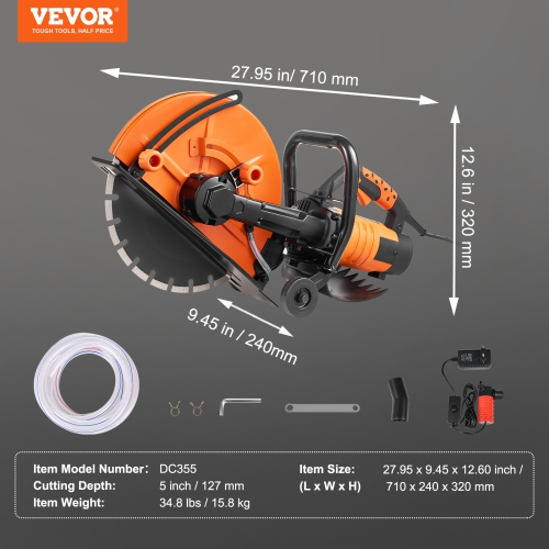 VEVOR 16 in Electric Concrete Saw, 3200 W Motor Circular Saw Cutter with Max. 5 in Adjustable Cutting Depth, Wet Disk Saw Cutter Includes Water Line,