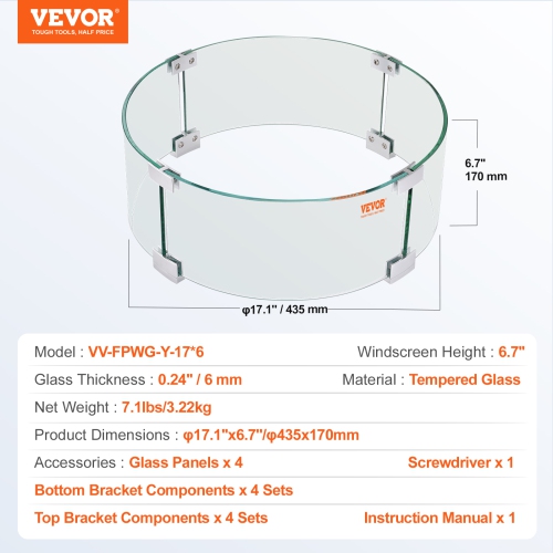 VEVOR 17 x 6.7 inch Fire Pit Wind Guard, Round Glass Flame Shield, 0.24-Inch Thick Fire Table Accessory, Clear Tempered Glass Flame Guard for