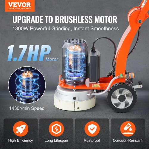 VEVOR 10" Electric Concrete Floor Grinder, Walk-Behind Grinder 1.7HP Concrete Floor Polisher, 1300W Grinding Machine, 1720RPM Upgrade Brushless Motor