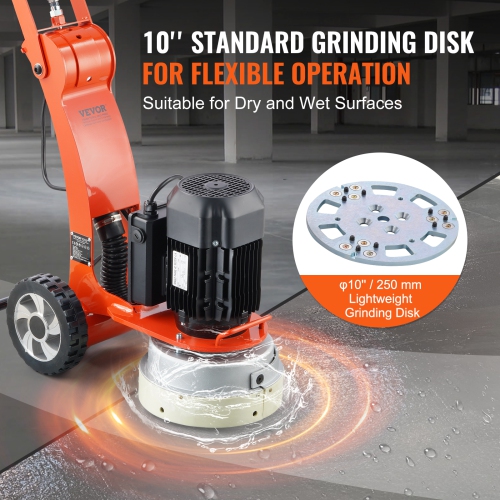 VEVOR 10" Electric Concrete Floor Grinder, Walk-Behind Grinder 1.7HP Concrete Floor Polisher, 1300W Grinding Machine, 1720RPM Upgrade Brushless Motor