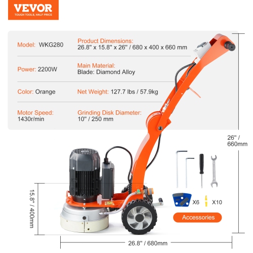 VEVOR 10" Electric Concrete Floor Grinder, Walk-Behind Grinder 1.7HP Concrete Floor Polisher, 1300W Grinding Machine, 1720RPM Upgrade Brushless Motor