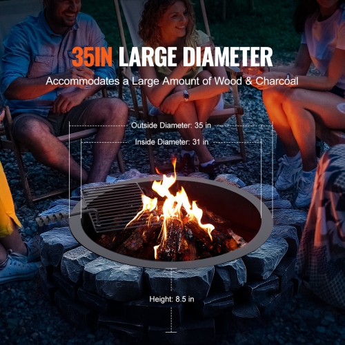 VEVOR 35-In Outer Fire Pit Ring, Fire Pit Insert with Barbecue Fire Ring, 31-In Inner Diameter, 8.5in Height, Carbon Steel Liner DIY Campfire Ring