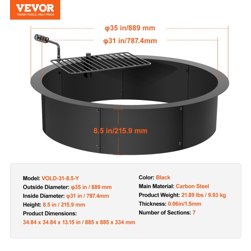 VEVOR 35-In Outer Fire Pit Ring, Fire Pit Insert with Barbecue Fire Ring, 31-In Inner Diameter, 8.5in Height, Carbon Steel Liner DIY Campfire Ring