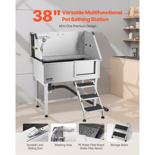 VEVOR 38 inch Stainless Steel Dog Washing Station, Pet Grooming Tub with Storage Stairs, Faucet & Showerhead & Soap Holder Dog Bathtub for Large &