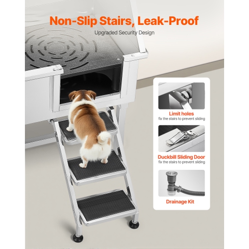 VEVOR 38 inch Stainless Steel Dog Washing Station, Pet Grooming Tub with Storage Stairs, Faucet & Showerhead & Soap Holder Dog Bathtub for Large &