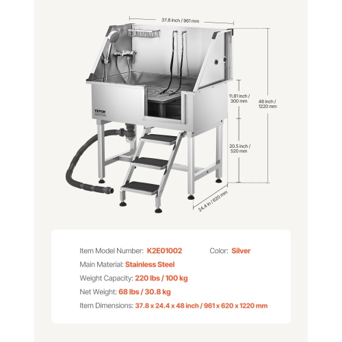 VEVOR 38 inch Stainless Steel Dog Washing Station, Pet Grooming Tub with Storage Stairs, Faucet & Showerhead & Soap Holder Dog Bathtub for Large &