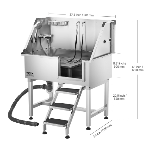 VEVOR 38 inch Stainless Steel Dog Washing Station, Pet Grooming Tub with Storage Stairs, Faucet & Showerhead & Soap Holder Dog Bathtub for Large &