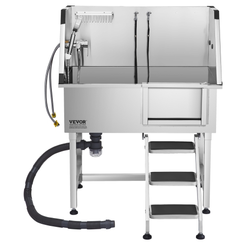 VEVOR 38 inch Stainless Steel Dog Washing Station, Pet Grooming Tub with Storage Stairs, Faucet & Showerhead & Soap Holder Dog Bathtub for Large &