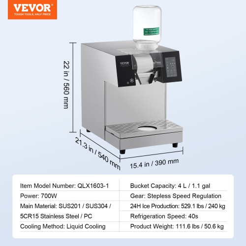 VEVOR 529.1LBS/24H Commercial Snowflake Ice Machine,Snowflake Ice Maker,Stainless Steel Ice Shaver Machine,Electric Snow Cone Maker,Liquid Cooling