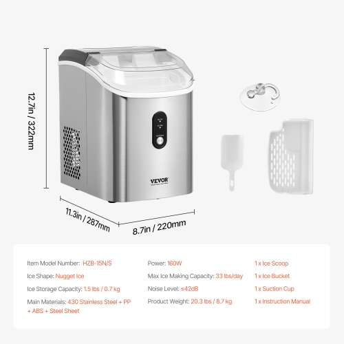 VEVOR 33lbs/24H Nugget Ice Maker, Pebble Ice Maker with Self Cleaning, Chewable Ice Maker with Ice Scoop & Basket, Stainless Steel Ice Machine with