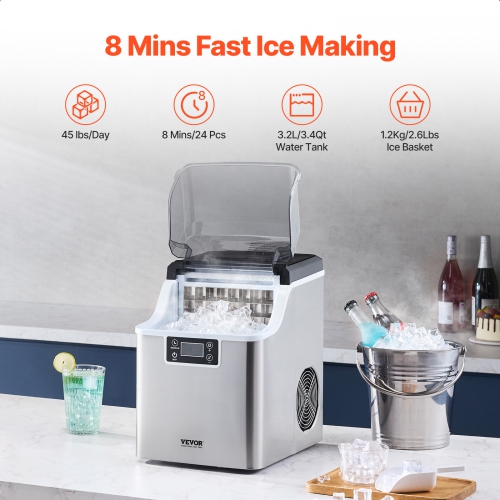 VEVOR Countertop Ice Maker, 24 Cubes Ready in 15 Mins, 45lbs in 24Hrs, Self-Cleaning Portable Ice Maker with Ice Scoop and Basket,Ice Machine with 3
