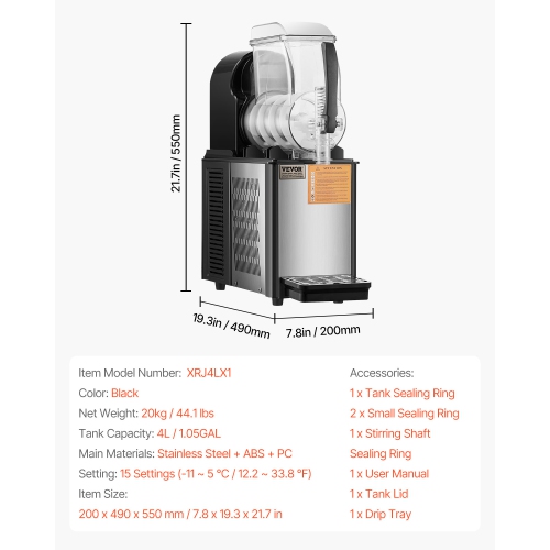 VEVOR 4L Commercial Slushy Machine, Single Tank Frozen Drink Machine, 16 Cups Stainless Steel Margarita Smoothie Frozen Drink Maker, Slushie Maker