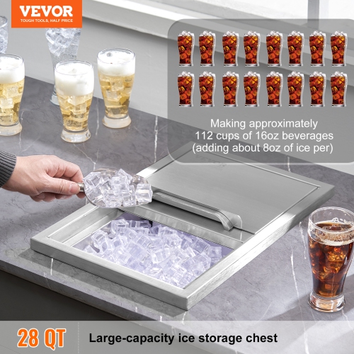 VEVOR 18"L x 12"W x 14.5"H Drop in Ice Chest, Stainless Steel Ice Cooler, Commercial Ice Bin with Sliding Cover, 40.9 qt Outdoor Kitchen Ice Bar,