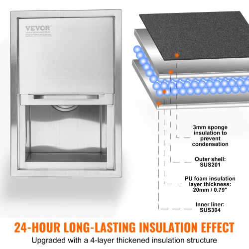 VEVOR 18"L x 12"W x 14.5"H Drop in Ice Chest, Stainless Steel Ice Cooler, Commercial Ice Bin with Sliding Cover, 40.9 qt Outdoor Kitchen Ice Bar,