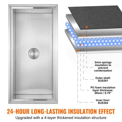 VEVOR 36"L x 18"W x 14"H Drop in Ice Chest, Stainless Steel Ice Cooler, Commercial Ice Bin with Sliding Cover, 40.9 qt Outdoor Kitchen Ice Bar,