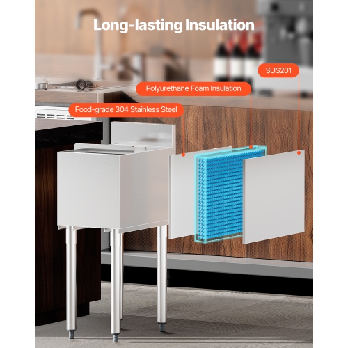 VEVOR 12 x 19 x 37 in Commercial Ice Bin, 28 L Underbar Ice Bin, Stainless Steel Ice Chest with Sliding Lid, Bottle Holders, Adjustable Bullet Feet,