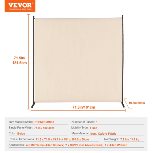 VEVOR Room Divider, Single Panel Room Divider, 6FT Privacy Screen Indoor, Partition Divider for Room Separation, Freestanding Room Divider Panel for