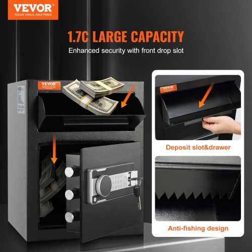VEVOR 1.7 Cub Depository Safe, 17.71''x13.77''x13.77'',Deposit Safe with Drop Slot, Electronic Code Lock and 2 Emergency Keys, Business Drop Slot