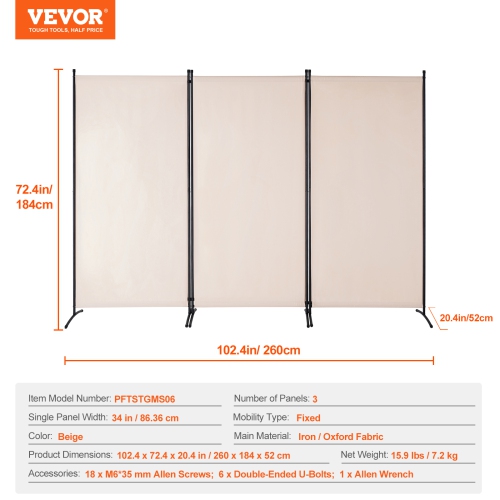 VEVOR Room Divider, 3 Panels Room Divider, Folding Privacy Screen and Portable Partition Divider for Room Separation, Freestanding Room Partitions
