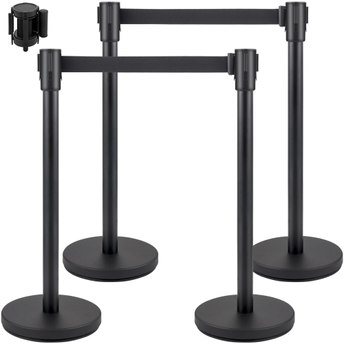 VEVOR Crowd Control Stanchion, Set of 4 Pieces Stanchion Set, Stanchion Set with 6.6 ft/2 m Black Retractable Belt, Black Crowd Control Barrier with