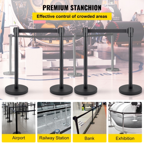 VEVOR Crowd Control Stanchion, Set of 4 Pieces Stanchion Set, Stanchion Set with 6.6 ft/2 m Black Retractable Belt, Black Crowd Control Barrier with
