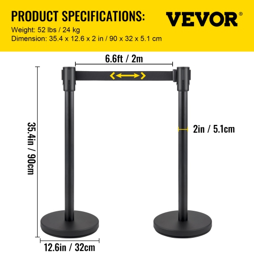 VEVOR Crowd Control Stanchion, Set of 4 Pieces Stanchion Set, Stanchion Set with 6.6 ft/2 m Black Retractable Belt, Black Crowd Control Barrier with
