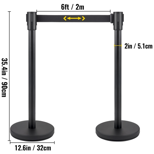 VEVOR Crowd Control Stanchion, Set of 4 Pieces Stanchion Set, Stanchion Set with 6.6 ft/2 m Black Retractable Belt, Black Crowd Control Barrier with