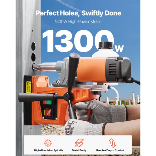 VEVOR 1300W Magnetic Drill, Motor 1.6 in Boring Diameter, 2810 lbf Portable Electric Mag Drill Press, 810 RPM No-Load Speed, Drilling Machine for