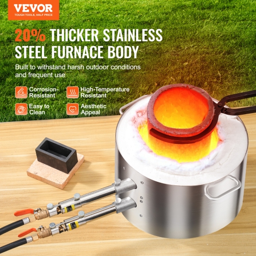 VEVOR 16KG/35lbs Propane Melting Furnace Kit, Gas Metal Melting Furnace Kit, Dual Burner Foundry Home Kiln with Crucibles and Tongs, Smelting Casting