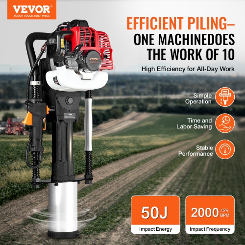 VEVOR 52cc Gas-Powered T Post Driver, 2-Stroke Engine Gasoline Fence Piling Pounder, 1300W Portable Piledriver with 3 Post Driving Head(49/69/100 mm)