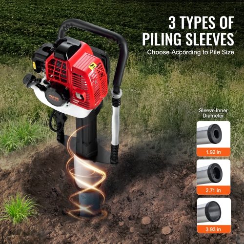 VEVOR 52cc Gas-Powered T Post Driver, 2-Stroke Engine Gasoline Fence Piling Pounder, 1300W Portable Piledriver with 3 Post Driving Head(49/69/100 mm)