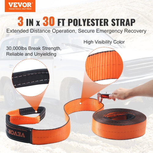 VEVOR 3" x 30' Off-Road Recovery Kit, Heavy Duty Winch Recovery Kit with 30,000 lbs Tow Strap, 44,092 lbs D-Ring Shackles, Shackle Receiver and