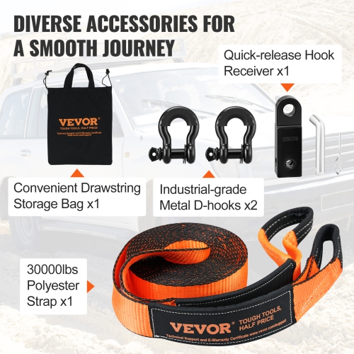 VEVOR 3" x 30' Off-Road Recovery Kit, Heavy Duty Winch Recovery Kit with 30,000 lbs Tow Strap, 44,092 lbs D-Ring Shackles, Shackle Receiver and