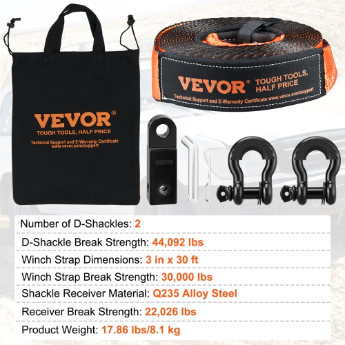 VEVOR 3" x 30' Off-Road Recovery Kit, Heavy Duty Winch Recovery Kit with 30,000 lbs Tow Strap, 44,092 lbs D-Ring Shackles, Shackle Receiver and