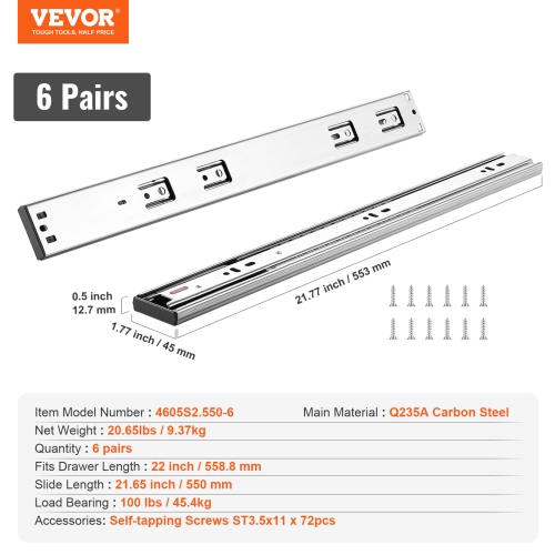 VEVOR 6 Pairs of 22 Inch Drawer Slides Side Mount Rails, Heavy Duty Full Extension Steel Track, Soft-Close Noiseless Guide Glides Cabinet Kitchen