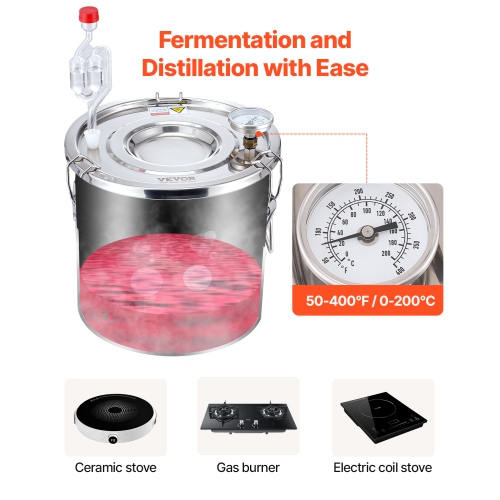 VEVOR 3 Gal / 11,4&nbsp;L Alcohol Still, eau en acier inoxydable avec bobine en cuivre, Kit de fermentation de brassage à domicile avec thermomètre,