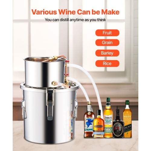 VEVOR 3 Gal / 11,4&nbsp;L Alcohol Still, eau en acier inoxydable avec bobine en cuivre, Kit de fermentation de brassage à domicile avec thermomètre,
