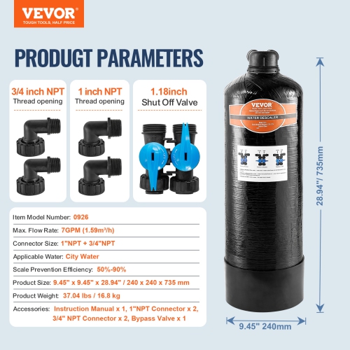 VEVOR 600,000 Gallon Whole House Salt Free Descaler, Water Filter for City Water, Whole House Water Descaler for All Kinds of Plumbing Pipes,1" NPT &