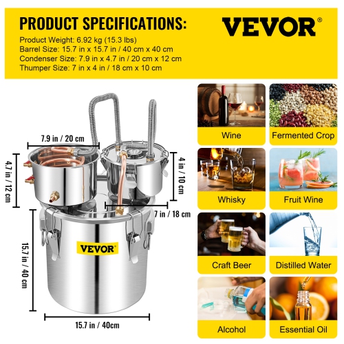 VEVOR 13.2 Gal/50 L Water Distiller, Stainless Steel Distillery Kit with Copper Tube Built-in Thermometer, Home Broiler for DIY Brewing, Silver