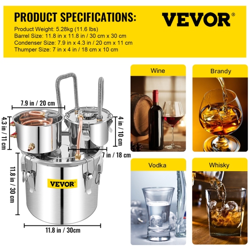 VEVOR 5 Gallon Alcohol Still, Stainless Steel Alcohol Distiller with Copper Tube & Build-in Thermometer & Water Pump,Double Thumper Keg Home Brewing