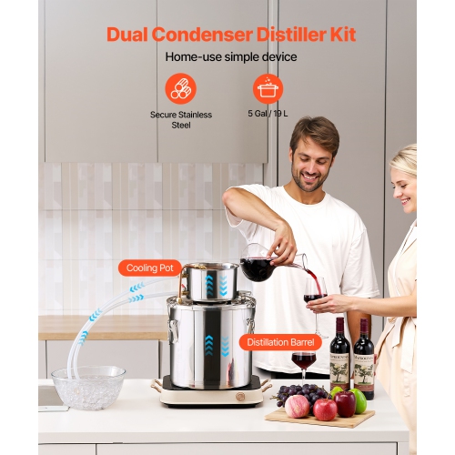 VEVOR 5 Gal / 19 L Alcohol Still, Stainless Steel Water Alcohol Distiller with Copper Coil, Home Brewing Refining Fermentation Kit with Thermometer,
