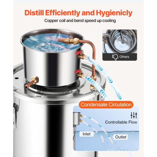 VEVOR 5 Gal / 19 L Alcohol Still, Stainless Steel Water Alcohol Distiller with Copper Coil, Home Brewing Refining Fermentation Kit with Thermometer,