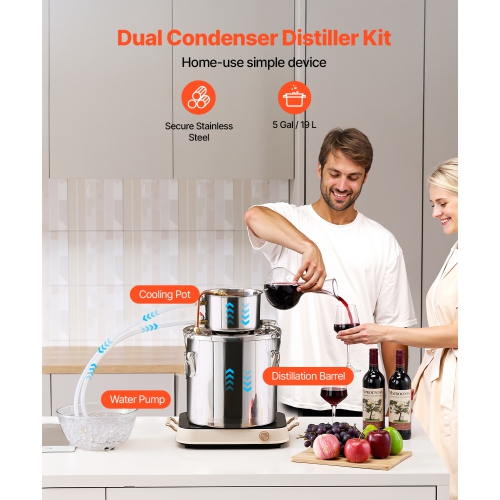 VEVOR 5 Gal / 19 L Alcohol Still, Stainless Steel Water Alcohol Distiller with Copper Coil, Home Brewing Refining Fermentation Kit with Thermometer &