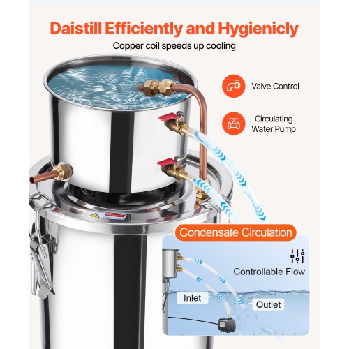 VEVOR 3 Gal / 11.4 L Alcohol Still, Stainless Steel Water Alcohol Distiller with Copper Coil, Home Brewing Refining Fermentation Kit with Thermometer